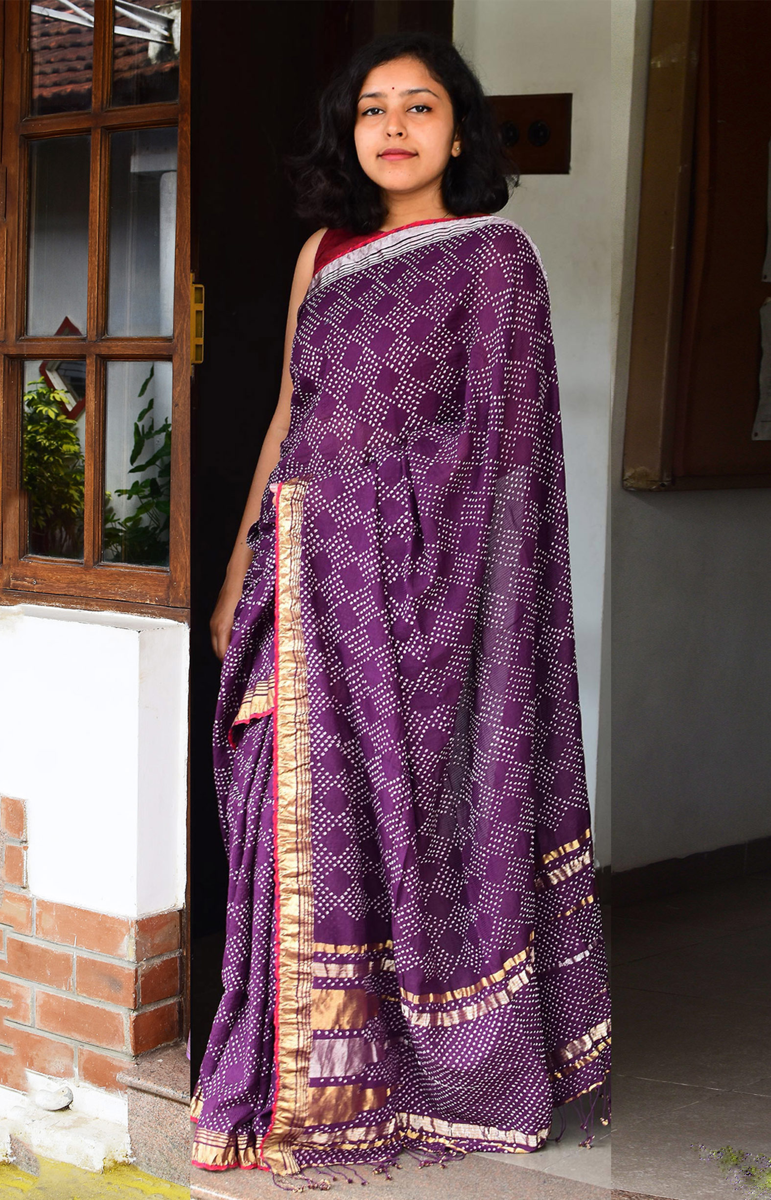 Pinkish Purple, Handwoven Organic Cotton, Textured Weave , Tie & dye, Occasion Wear, Jari, Rai Bandhani Saree